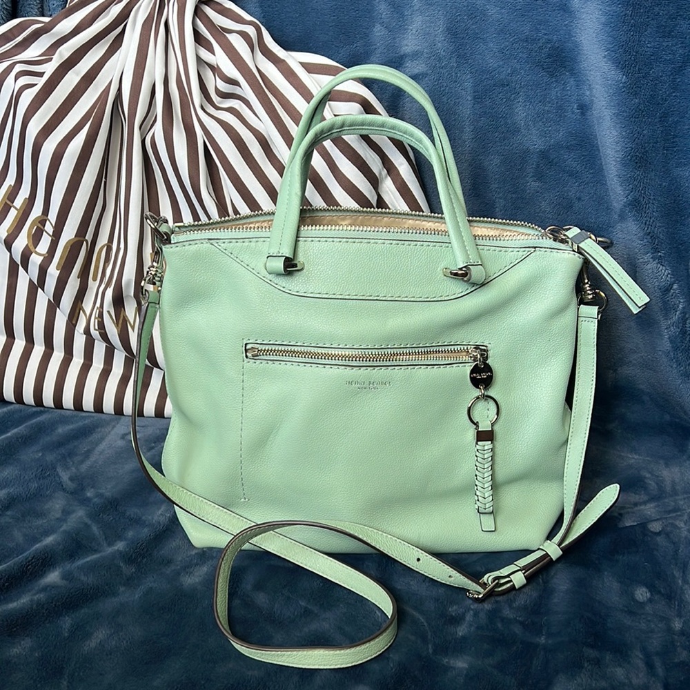Henri Bendel Satchel, mint green with cross body strap